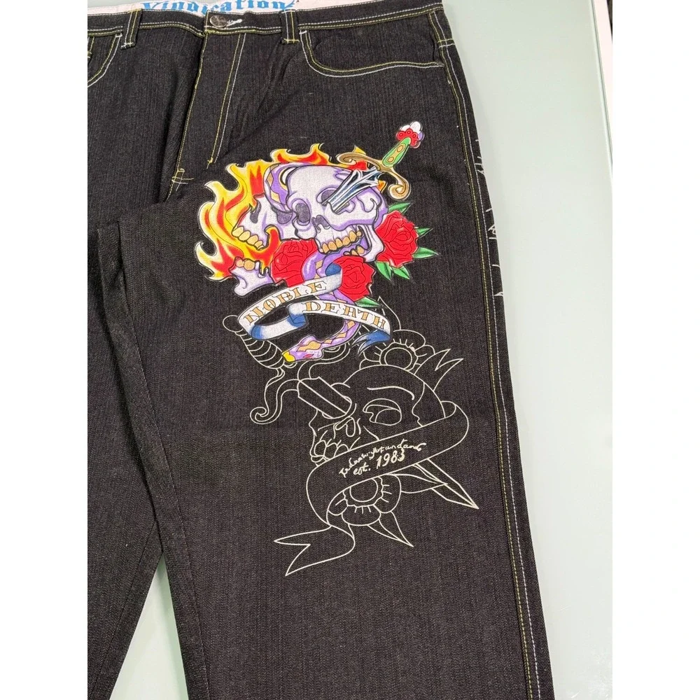 VTG Y2k Raw Blue Jeans Men 42x34 Black Denim Embroidered Embellish Skull Baggy‎